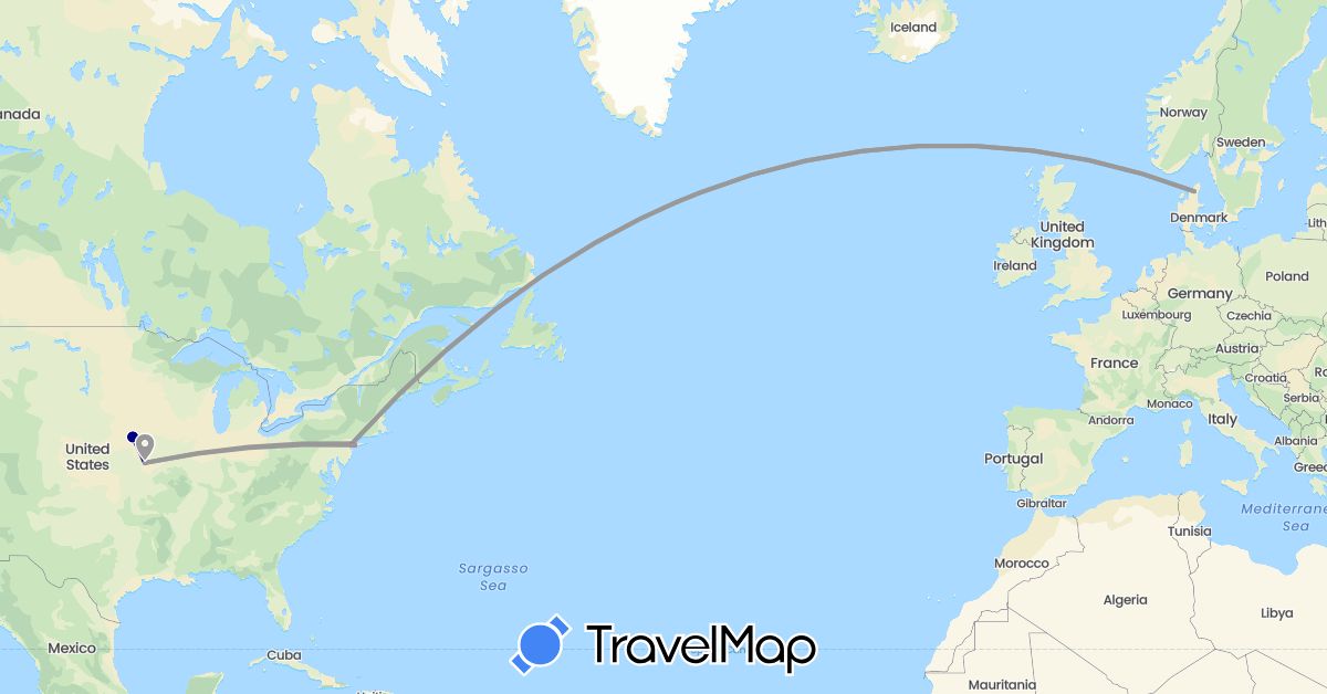 TravelMap itinerary: driving, plane, hiking in Denmark, United States (Europe, North America)